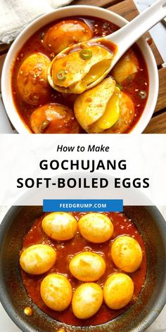 how to make gochuang soft - boiled eggs in a skillet with text overlay