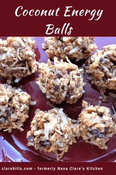 coconut energy balls on a red plate with text overlay