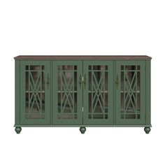 a green cabinet with glass doors on the top and bottom, in front of a white background