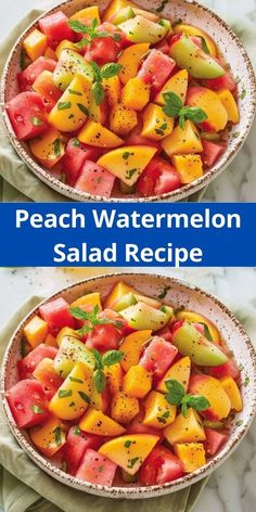 two bowls filled with watermelon salad on top of a table