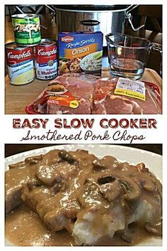 an easy slow cooker meal with meat and gravy on the side is shown