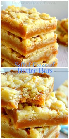 three pictures of different types of bars stacked on top of each other with the words, salted caramel butter bars