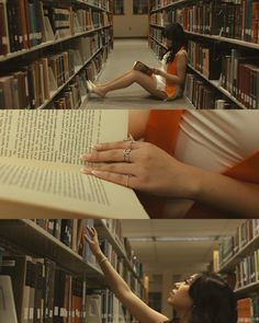 a woman sitting on the floor reading a book in a library with her legs crossed