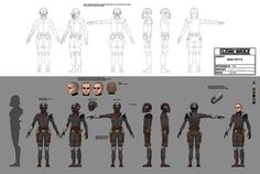 the concept art for star wars character sheet, including various poses and headgear