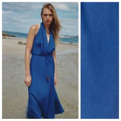 Nwt. Zara Blue Linen/Lyocell Blend Halter Neck Long Midi Dress. Surplice Neckline And Exposed Shoulders. Tied Belt In Matching Fabric. Matching Visible Topstitching Detail. Invisible Side Zip Fastening. 28% Linen 72% Lyocell. Size S. Ref. 8295/967. Pit To Pit 15,5" Flat, Waist 14", Length 54". 1032. Blue Rayon Maxi Dress For Daywear, Summer Solid Color Viscose Maxi Dress, Solid Viscose Maxi Dress For Summer, Blue Midi-length Breezy Maxi Dress, Blue Viscose Maxi Dress For Summer, Blue Midi Length Breezy Maxi Dress, Blue Viscose Midi Dress For Daywear, Breezy Blue Maxi Dress For Daywear, Chic Blue Silk Maxi Dress