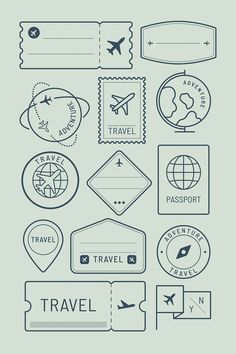 travel stamps and badges are shown in this illustration