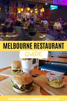 the melbourne restaurant guide with two hamburgers and donuts on cutting boards in front of them