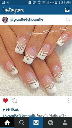 French Tip Nails With Design On One Nail, French V Nail Designs, Multiple French Nail Art, Cool French Nails, Creative French Tip Nails, French Gel Nail Designs, Fancy French Manicure, French Manicure Nail Designs, Glitter French Nails