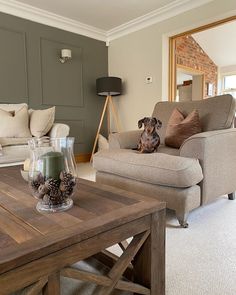 a dog sitting on the back of a couch in a living room next to a coffee table