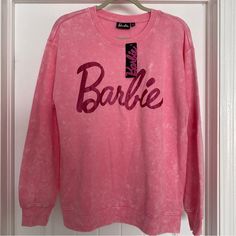 Barbie Washed Out Pink Glitter Barbie Logo Sweatshirt Nwt Washed Out Bright Pink Color Style With A Glittery Barbie Logo In Center Trendy Long Sleeve Glitter Top, Glitter Print Crew Neck Tops For Fall, Crew Neck Top With Glitter Print For Fall, Pink Glitter Print Crew Neck Top, Winter Glitter Print Crew Neck Top, Cotton Glitter Print Long Sleeve Sweatshirt, Winter Crew Neck Top With Glitter Print, Long Sleeve Cotton Sweatshirt With Glitter Print, Casual Glitter Print Long Sleeve Sweatshirt