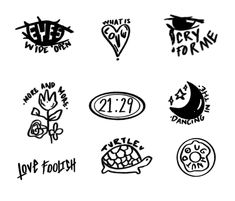 six different stickers with the words love and food written on them