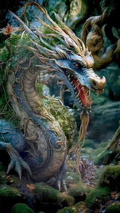 a dragon with its mouth open in the woods