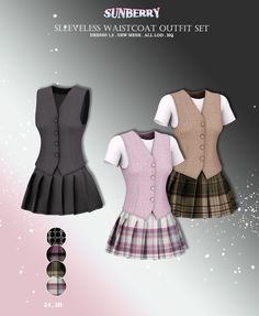 three dresses and vests are shown in the same color as they appear on this page