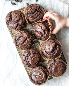 chocolate muffins are sitting on a tray and being held by someone's hand