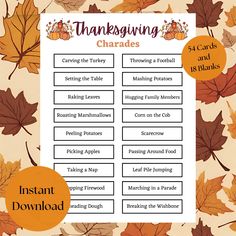 "Gather your loved ones for a Thanksgiving filled with laughter and entertainment with our Thanksgiving Charades Party Game. It's an activity suitable for all ages and adds a dash of fun and festivity to your Thanksgiving celebrations, whether it's with family or friends at Friendsgiving! Included: ~Three Thanksgiving Charades 8.5x11\" sheet (.pdf) ~ One Blank Charades 8.5x11\" sheet (.pdf) Thanksgiving Game Bundle: https://www.etsy.com/listing/1604873343 Note: This is an INSTANT DOWNLOAD. No physical product will be shipped. Due to the nature of this transaction, I cannot offer any refunds or exchanges on your purchase. How it works: * Purchase this listing * After your payment is confirmed, download your files directly from Etsy. Go to https://www.etsy.com/your/purchases to find your rea Thanksgiving Charades For Adults, Thanksgiving For Couples, Thanksgiving Charades For Kids, Charade Ideas Funny, Friendsgiving Ideas Games, Friendsgiving Games For Adults, Kids Friendsgiving, Thanksgiving Charades, Thanksgiving Activities For Adults