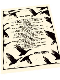 a black and white drawing of birds flying in the sky with a poem written on it