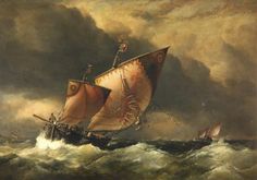 a painting of a sailboat in rough seas with storm clouds behind it and two men on the boat