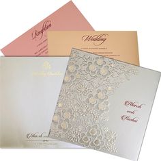 three different types of wedding cards with gold, silver and pink designs on the front