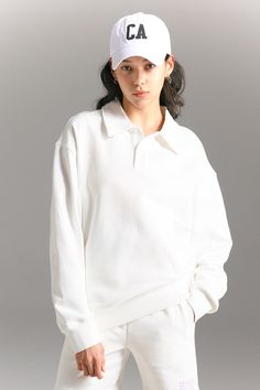 This pullover gets an A+ for versatility. Made from the same super-soft cotton, this chill yet preppy look features dropped shoulders, polo collar styling and a wear-everywhere, full length. We love it with cozy shorts and slides. Collar Sweatshirt, Athleisure Women, Polo Sweatshirt, Collared Sweatshirt, Preppy Look, Yoga Set, Polo Collar, Sweater Coats, Lapel Collar