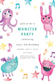 an image of a birthday party with cartoon animals and music notes on the card, which reads'join us for a monster party celebrating lilly's 5th birthday saturday