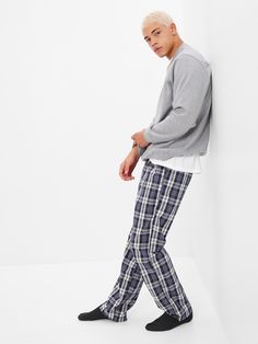 Soft cotton weave.   Elasticized drawstring waist.   Certain styles have allover prints. Relaxed Fit Cotton Plaid Pants, Casual Cotton Plaid Pants, Casual Plaid Cotton Pants, Cotton Lounge Trousers, Cotton Lounging Trousers, Casual Plaid Lounging Bottoms, Casual Plaid Lounge Pants, Casual Plaid Bottoms For Lounging, Gap Cotton Sweatpants With Elastic Waistband