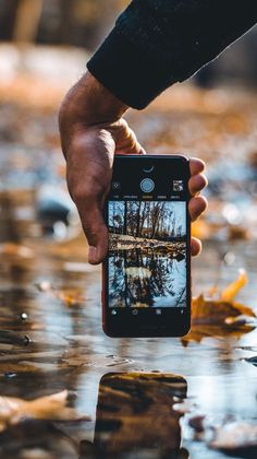 a person holding up a cell phone to take a photo in the water with autumn leaves on the ground