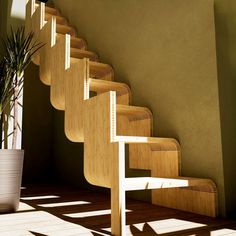 a wooden stair case next to a potted plant