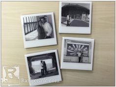 three black and white photos on a table