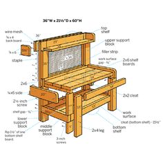 a wooden bench with instructions to build it on the appliance for building a potting bench