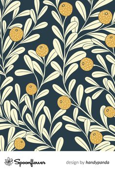 a blue and yellow wallpaper with oranges on it