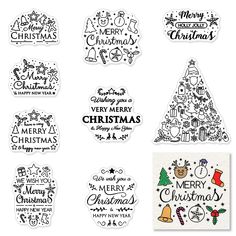 christmas stickers and decals are shown in black and white, with the words merry