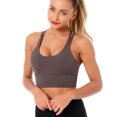 The EMES SHOP sports bra is detailed with a scoop neckline. Features double racerback straps that crossover the open back. This lightweight. breathable. quick-drying sports bra is perfect for your next gym session or yoga class.MATERIAL:85% Nylon 15% SpandexMEASUREMENTS:Small : 4-6 Waist: 25-26.5 in Chest: 33-34.5 in Medium : 6-8 Waist: 26.5-28 in Chest: 34.5-36 in Large : 8-10 Waist: 28-29.5 in Chest: 36-37.5 in X-Large : 10-12 Waist: 29.5-31 in Chest: 37.5-39 in