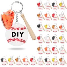 a baseball and bat shaped keychain with the word diy printed on it