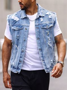 Medium Wash Casual Collar Sleeveless Denim Plain vest Embellished Non-Stretch  Men Clothing Jeans Vest Outfit Men, Denim And Diamonds Party Outfit Men, Denim Outfit For Men, Denim And Diamonds Party Outfit, Jean Jacket Outfits Men, Vest Outfits Men, Denim Outfit Men