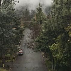 a car is parked on the road in front of some trees and foggy skies