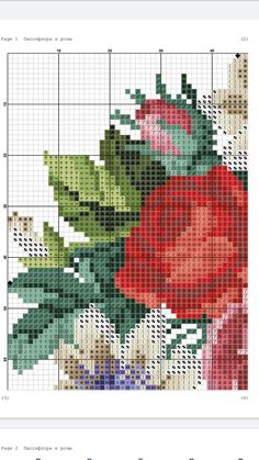 a cross stitch pattern with flowers and leaves on the bottom half of it, as well as an image of a red rose