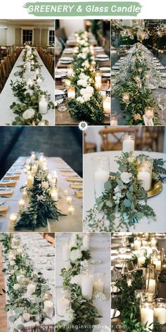 a collage of photos with candles and greenery on the table for a wedding reception