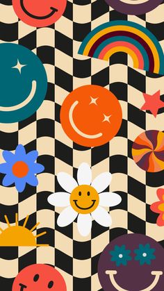 an abstract pattern with smiley faces and rainbows on black and white checkered background