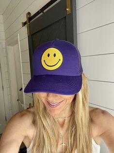 Adorable and so much fun!! This Smiley Face Vintage Trucker hat sits high for that cool Cali surfer vibe. Fully adjustable, foam backing with cotton front, trucker style with a mesh back. Perfect for the beach, sun, or just a bad hair day. Get ready for Summer!! Adjustable Baseball Cap With Smiley Face, Adjustable Smiley Face Cap, Fun Snapback Trucker Hat, Adjustable Smiley Face Fun Baseball Cap, Adjustable Fun Hat With Smiley Face, Fun Smiley Face Snapback Baseball Cap, Playful Snapback Hat With Smiley Face, Adjustable Fun Trucker Hat With Smiley Face, Fun Adjustable Trucker Hat With Smiley Face