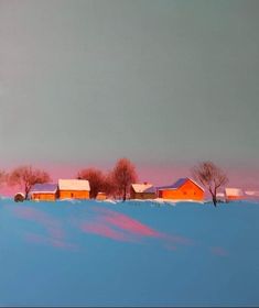 a painting of a snowy landscape with red barns and trees in the foreground at sunset