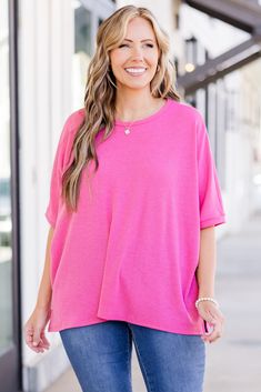 Introducing our Serene Breeze Top in pink! Made with a lightweight textured fabric, this top is perfect for a casual yet chic look! Whether paired with jeans or a skirt, it's the perfect piece to effortlessly elevate your style! 80% Polyester, 15% Rayon, 5% Spandex Oversized Pink Casual Blouse, Oversized Casual Pink Blouse, Casual Oversized Pink Blouse, Versatile Solid Color Spring Top, Casual Pink Solid Color Blouse, Versatile Solid Color Tops For Day Out, Spring Solid Color Tops For Day Out, Solid Color Tops For Spring Day Out, Chic Pink Crew Neck Top