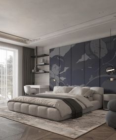 a large bed sitting in the middle of a living room next to a wall mounted clock