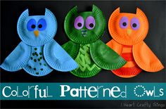 three paper plates with owls on them and the words colofu pattena owl's