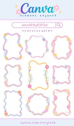 a set of cute frames with flowers and stars on the bottom, in pastel colors