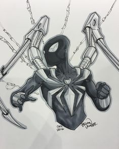 a black and white drawing of a spider - man with two swords in his hands