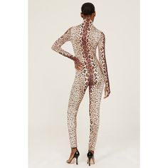 Brown leopard mesh (95% Polyester, 5% Spandex). Jumpsuit. Long sleeves. Mock neck. Back button closure. 57.5" from shoulder to hemline. 30" inseam. 10.5" rise. Imported. Fitted Leopard Print Bodysuit For Party, Fitted High Neck Unitard For Fall, Fitted Elastane Unitard For Fall, Spandex Jumpsuit, Animal Print Jumpsuit, Jumpsuit Long, Bold Jewelry, Rent The Runway, Perfect Foundation