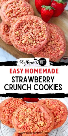 strawberry crumb cookies on a plate with strawberries