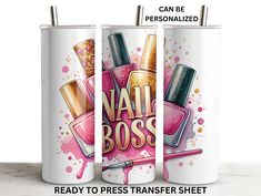 two personalized mugs with the words nail boss on them