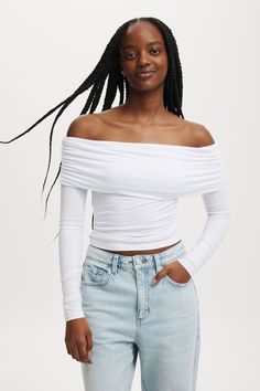 Rhi Gathered Off The Shoulder Long Sleeve White Off Shoulder Long Sleeve Top, Summer Long Sleeve Fitted Off-shoulder Top, Stretch Off-shoulder Long Sleeve Top For Summer, Casual Cotton Off-shoulder Long Sleeve Top, White Stretch Casual Off-shoulder Top, White Stretch Off-shoulder Long Sleeve Top, Off Shoulder Long Sleeve Top, White Off The Shoulder Top, Halter Shirt