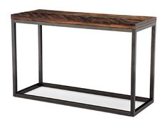 a wooden table with metal frame and glass shelf on the top, against a white background